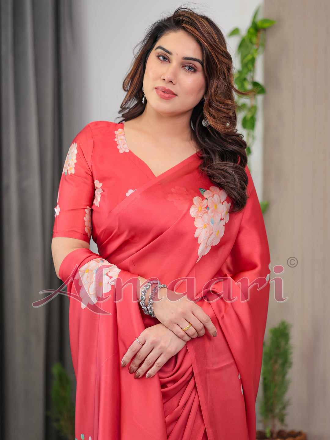 Coral Red Satin Georgette Floral Printed Saree with Attached Blouse – Elegant Designer Saree for Festive & Party Wear