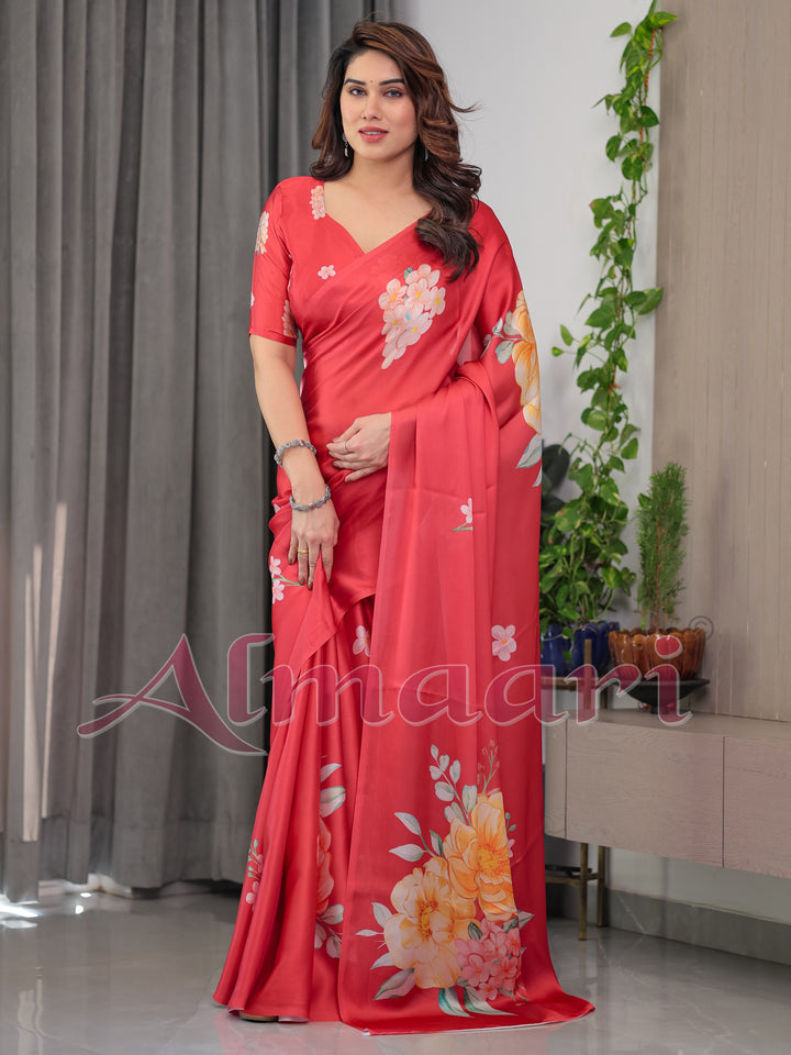 Coral Red Satin Georgette Floral Printed Saree with Attached Blouse – Elegant Designer Saree for Festive & Party Wear