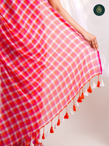 Hot Pink & Orange Checkered Mul Cotton Saree with Tasselled Pallu