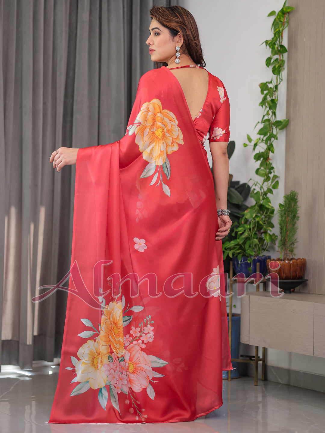Coral Red Satin Georgette Floral Printed Saree with Attached Blouse – Elegant Designer Saree for Festive & Party Wear
