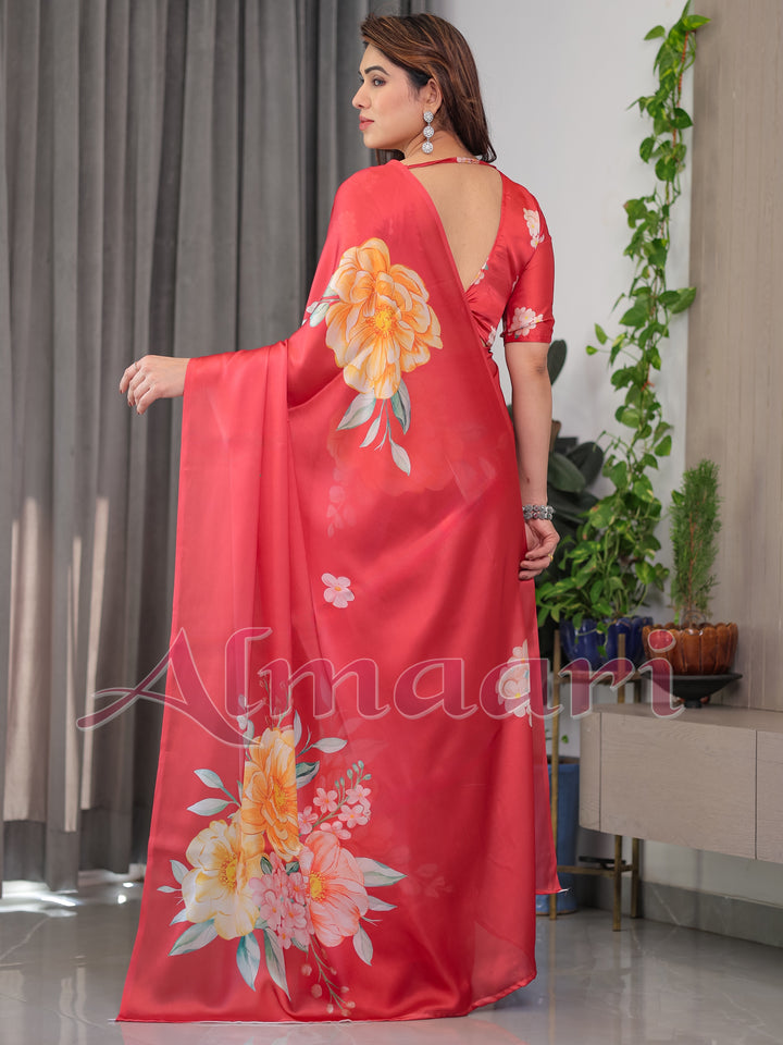 Coral Red Satin Georgette Floral Printed Saree with Attached Blouse – Elegant Designer Saree for Festive & Party Wear