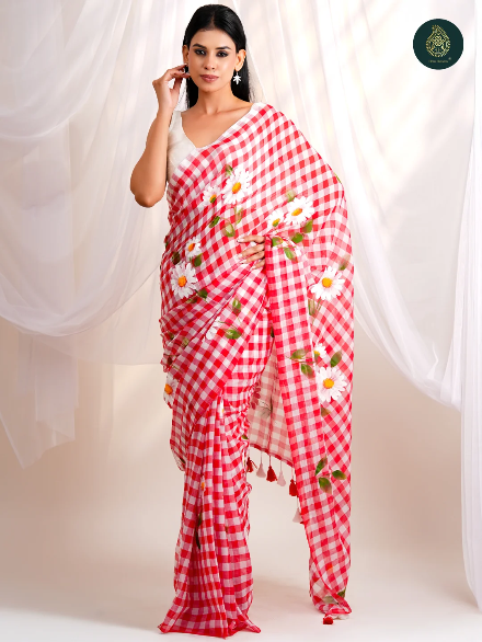 Red & White Checkered Mul Cotton Saree with Floral Print & Tasselled Pallu