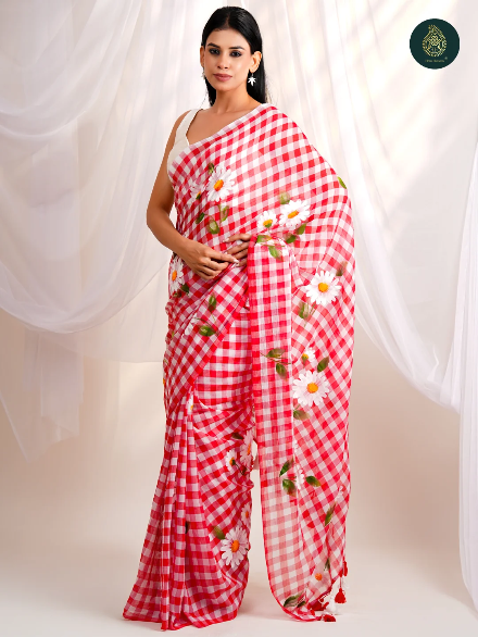 Red & White Checkered Mul Cotton Saree with Floral Print & Tasselled Pallu
