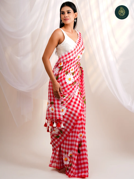 Red & White Checkered Mul Cotton Saree with Floral Print & Tasselled Pallu