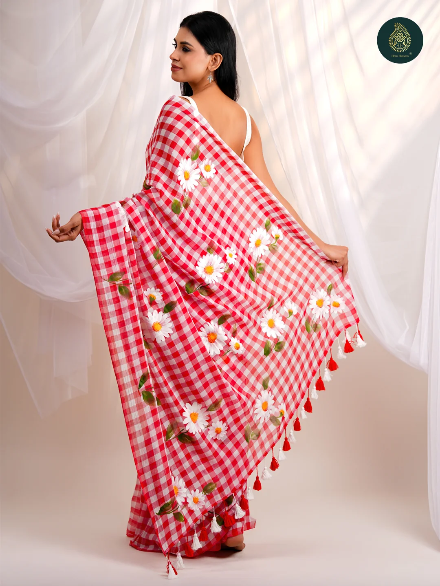 Red & White Checkered Mul Cotton Saree with Floral Print & Tasselled Pallu