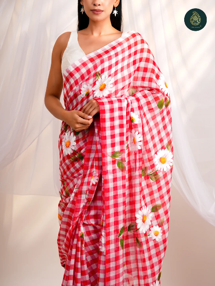Red & White Checkered Mul Cotton Saree with Floral Print & Tasselled Pallu