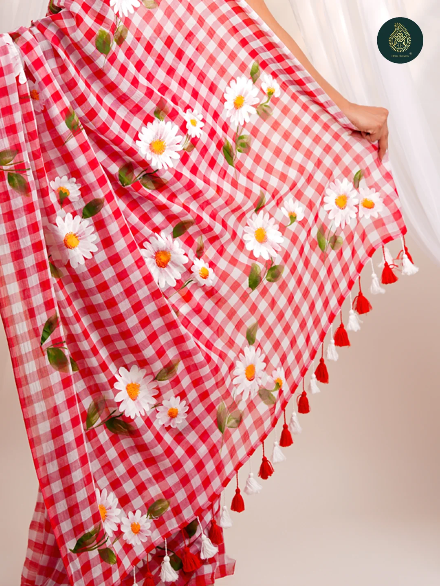 Red & White Checkered Mul Cotton Saree with Floral Print & Tasselled Pallu