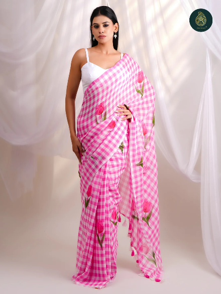 Pink & White Checkered Mul Cotton Saree with Tulip Floral Print & Tasselled Pallu