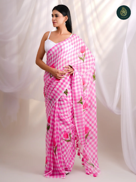 Pink & White Checkered Mul Cotton Saree with Tulip Floral Print & Tasselled Pallu