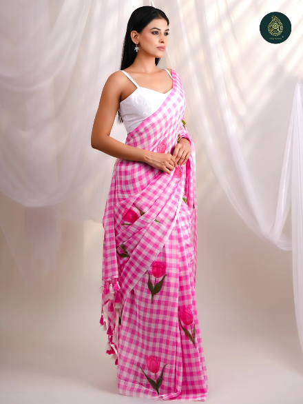 Pink & White Checkered Mul Cotton Saree with Tulip Floral Print & Tasselled Pallu