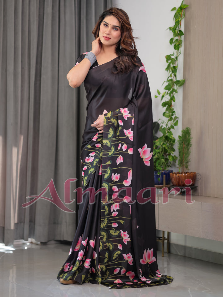 Black Satin Georgette Lotus Floral Printed Saree with Attached Blouse – Elegant Designer Saree for Festive & Evening Wear