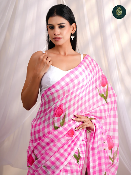 Pink & White Checkered Mul Cotton Saree with Tulip Floral Print & Tasselled Pallu