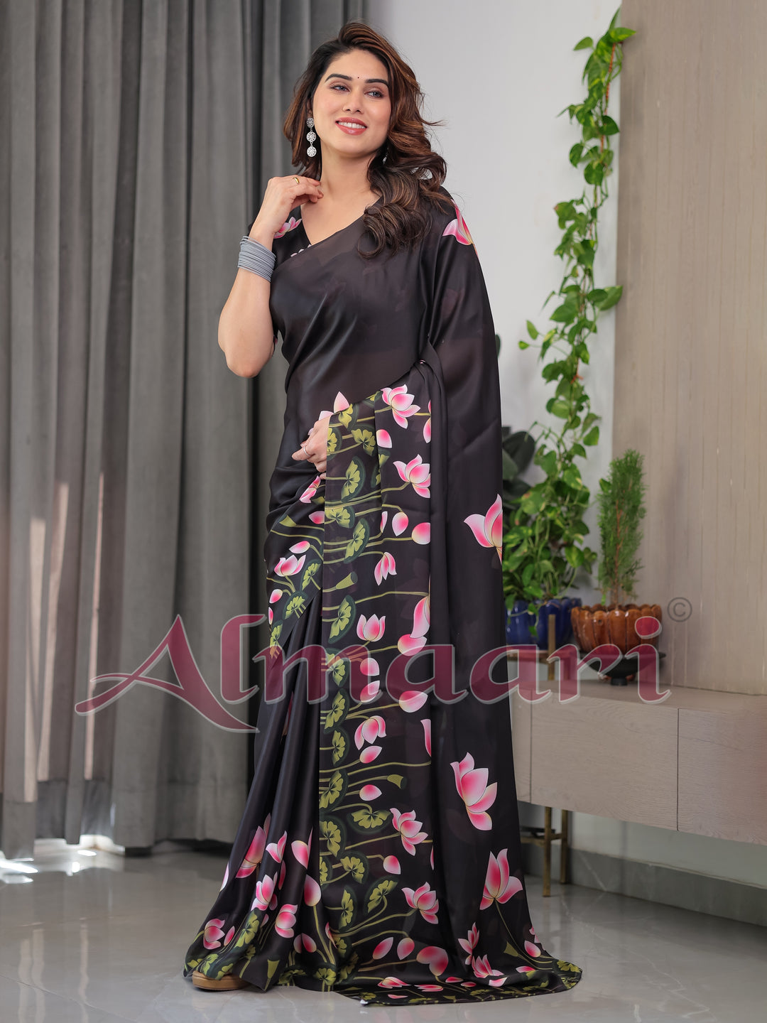 Black Satin Georgette Lotus Floral Printed Saree with Attached Blouse – Elegant Designer Saree for Festive & Evening Wear