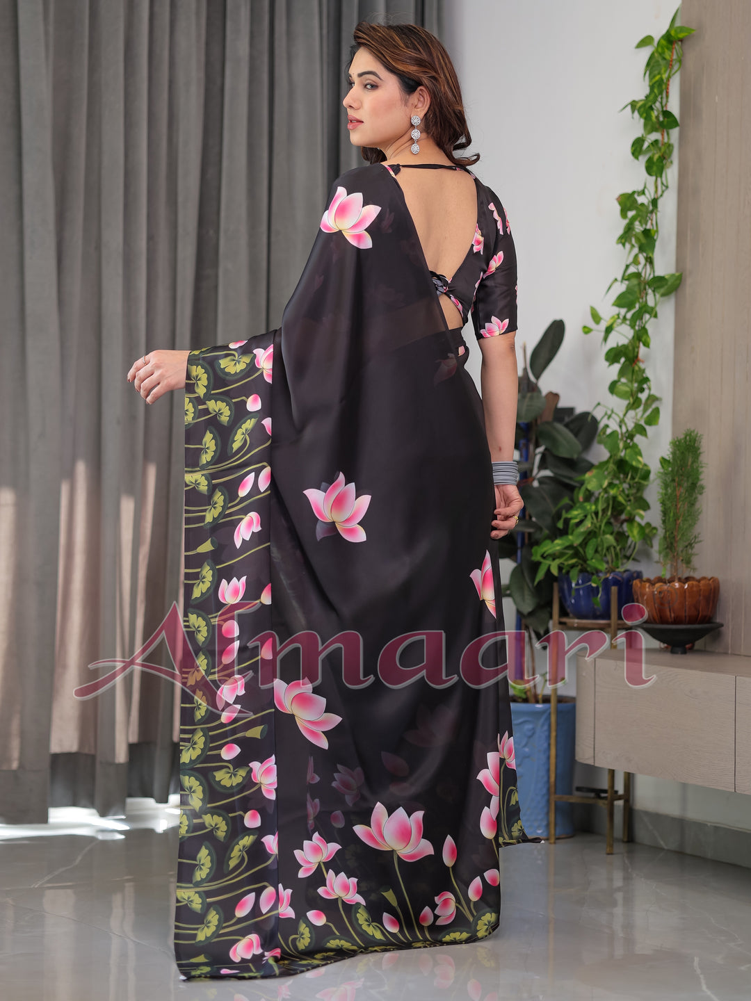 Black Satin Georgette Lotus Floral Printed Saree with Attached Blouse – Elegant Designer Saree for Festive & Evening Wear