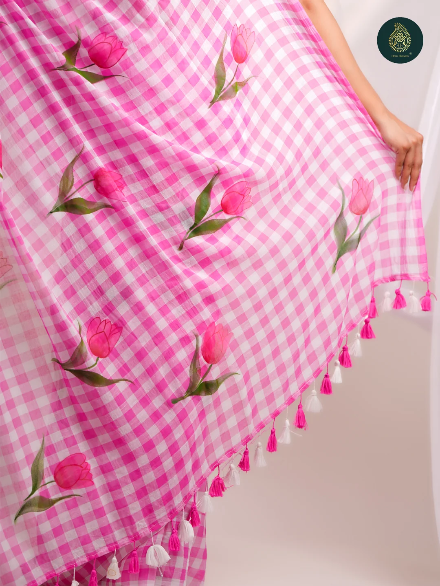 Pink & White Checkered Mul Cotton Saree with Tulip Floral Print & Tasselled Pallu