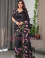 Black Satin Georgette Lotus Floral Printed Saree with Attached Blouse – Elegant Designer Saree for Festive & Evening Wear