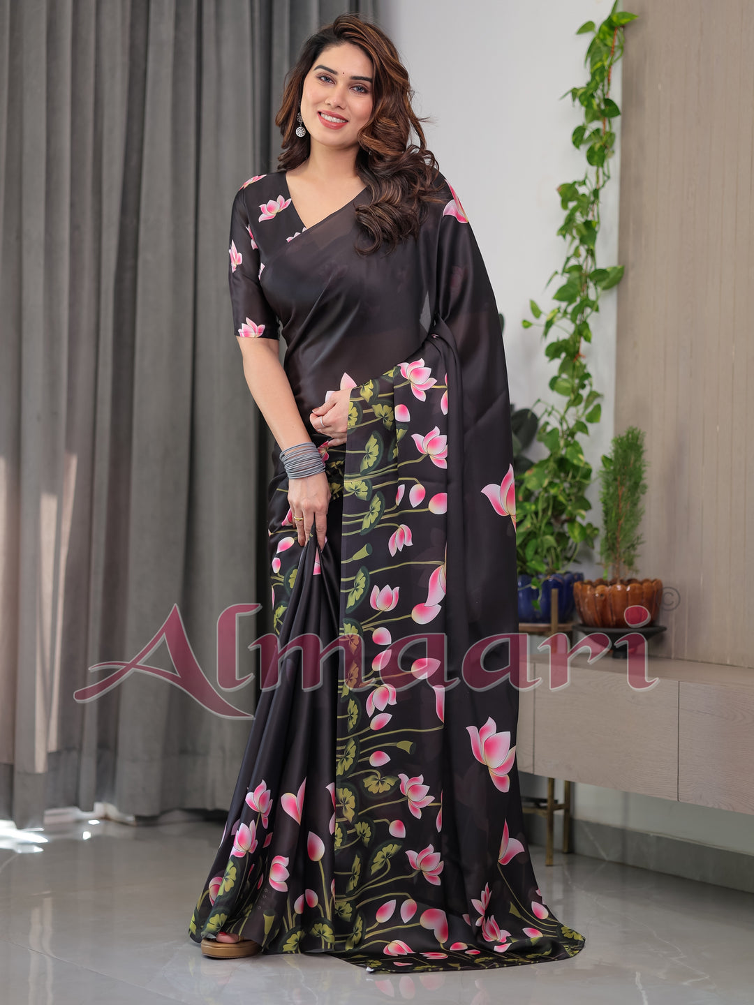 Black Satin Georgette Lotus Floral Printed Saree with Attached Blouse – Elegant Designer Saree for Festive & Evening Wear