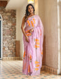 Lavender Georgette Saree with Hand-Painted Orange Marigold Floral Bunches – Attached Blouse – 5.5 Meters