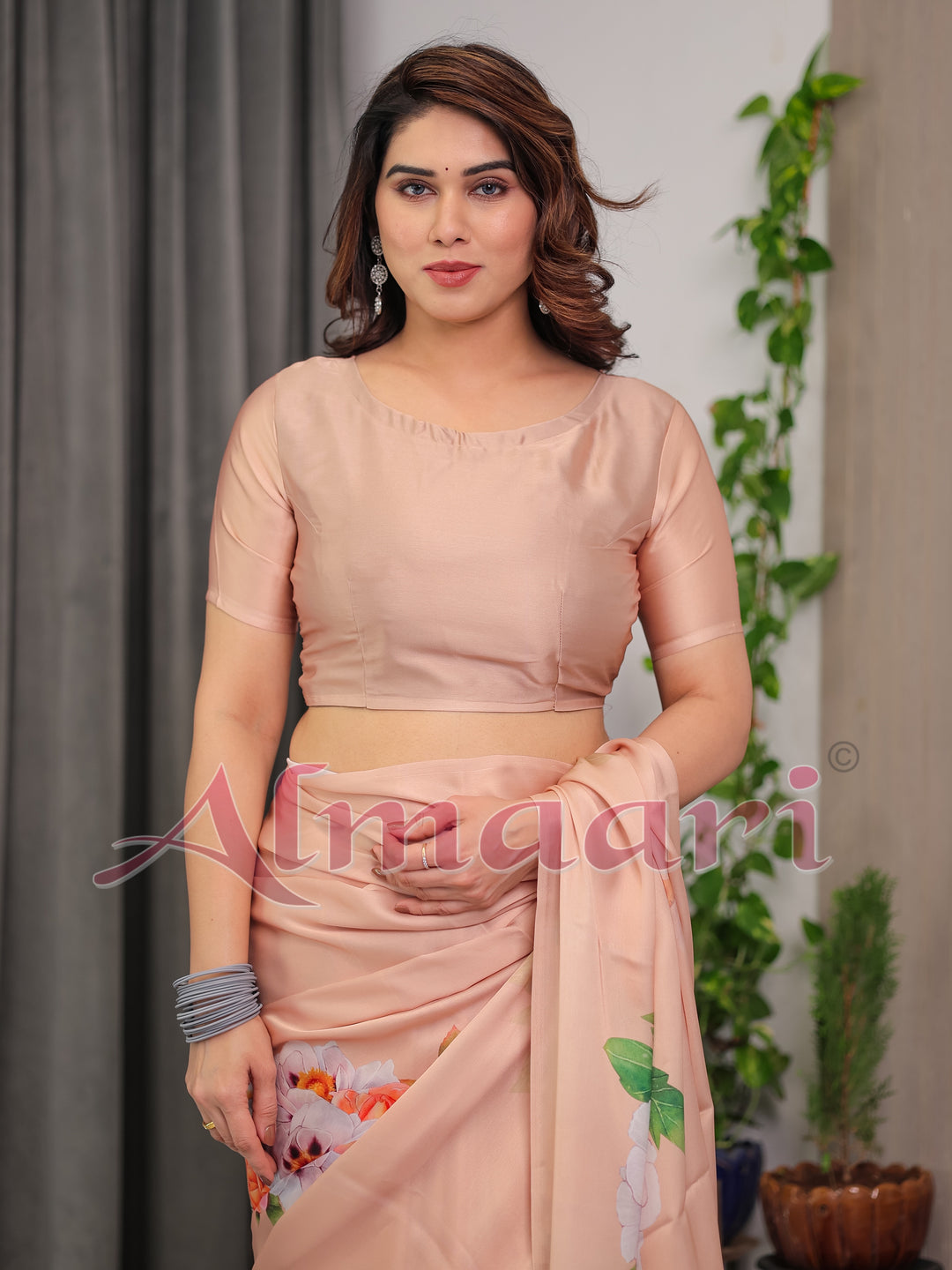 Peach Satin Georgette Floral Printed Saree with Attached Blouse – Soft Pastel Designer Saree for Festive & Elegant Wear