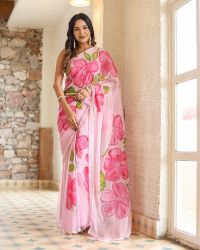Blush Pink Georgette Saree with Oversized Hand-Painted Magenta Flowers & Bead Detailing – Attached Blouse – 5.5 Meters