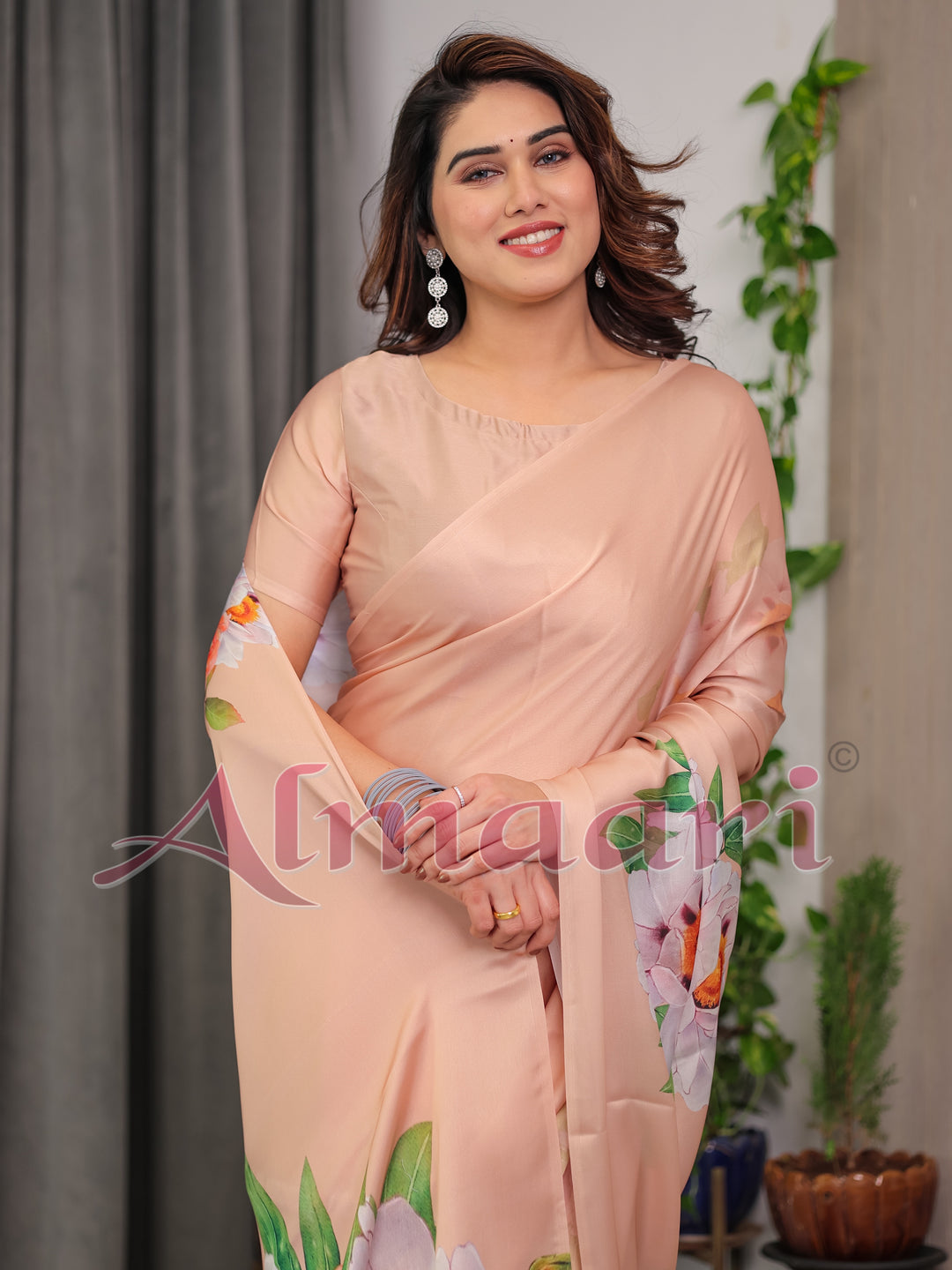 Peach Satin Georgette Floral Printed Saree with Attached Blouse – Soft Pastel Designer Saree for Festive & Elegant Wear