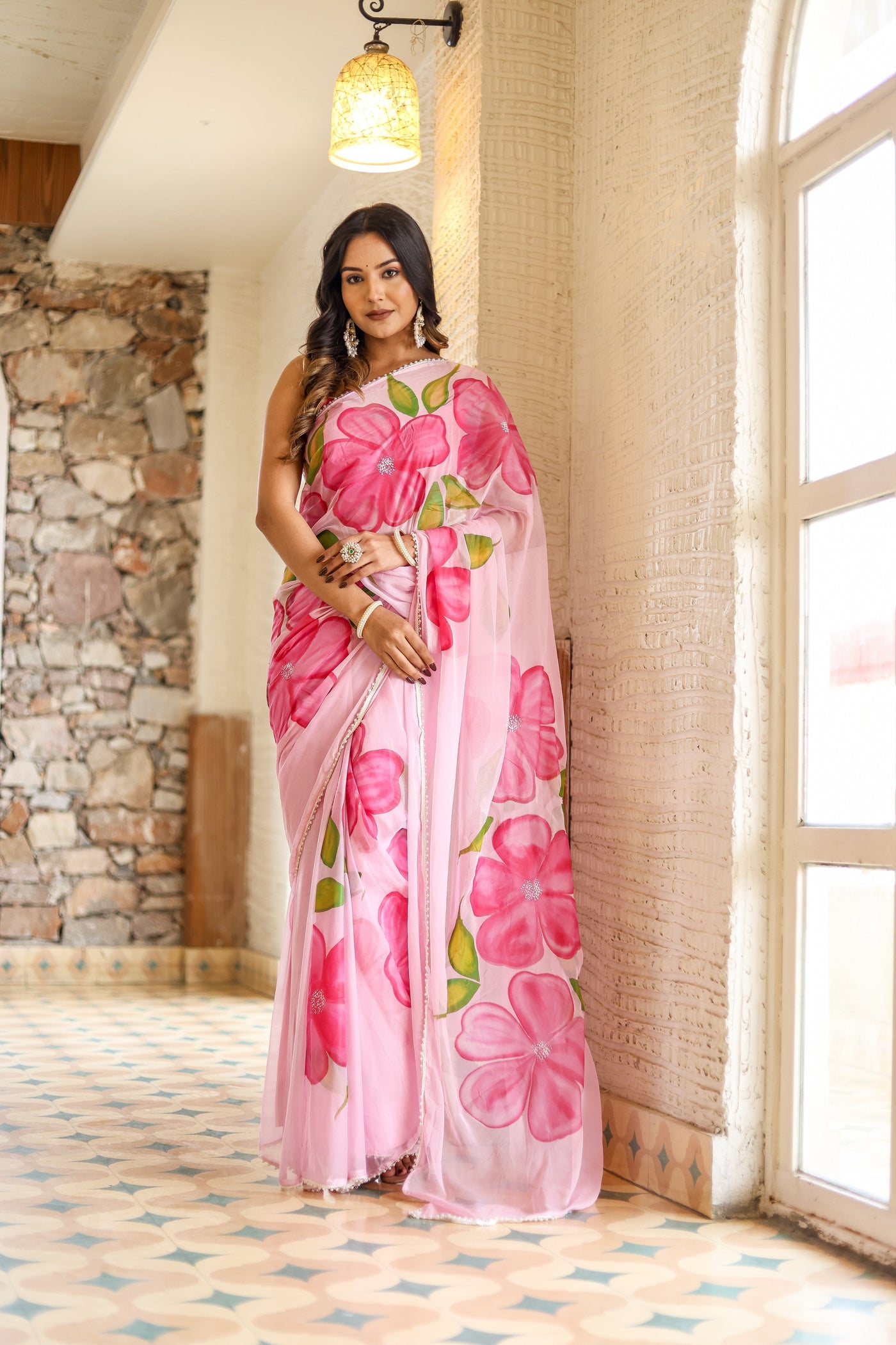Blush Pink Georgette Saree with Oversized Hand-Painted Magenta Flowers & Bead Detailing – Attached Blouse – 5.5 Meters