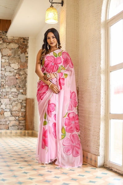 Blush Pink Georgette Saree with Oversized Hand-Painted Magenta Flowers & Bead Detailing – Attached Blouse – 5.5 Meters