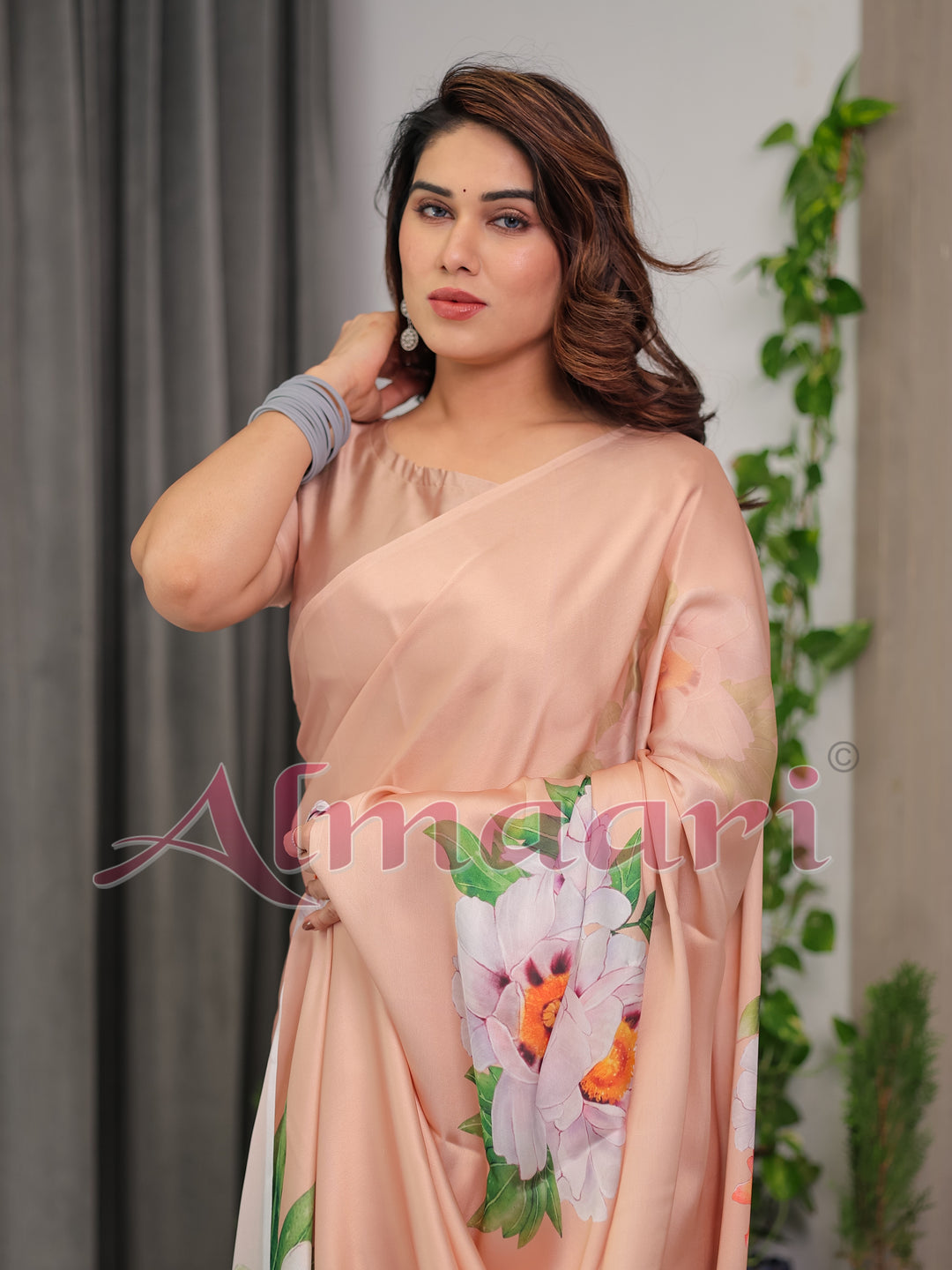 Peach Satin Georgette Floral Printed Saree with Attached Blouse – Soft Pastel Designer Saree for Festive & Elegant Wear