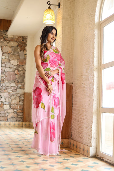 Blush Pink Georgette Saree with Oversized Hand-Painted Magenta Flowers & Bead Detailing – Attached Blouse – 5.5 Meters