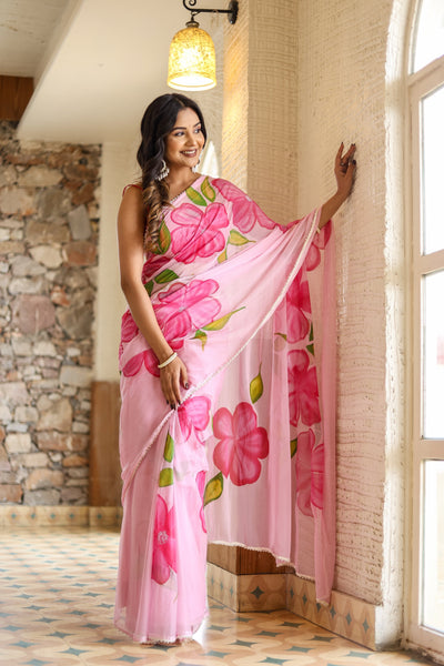 Blush Pink Georgette Saree with Oversized Hand-Painted Magenta Flowers & Bead Detailing – Attached Blouse – 5.5 Meters
