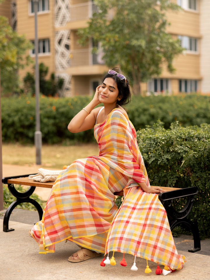 Multicolour Checkered Mul Cotton Saree with Colourful Tasselled Pallu