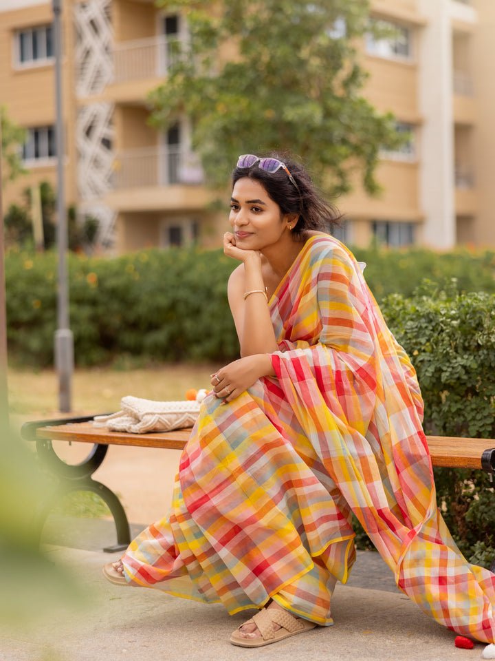 Multicolour Checkered Mul Cotton Saree with Colourful Tasselled Pallu