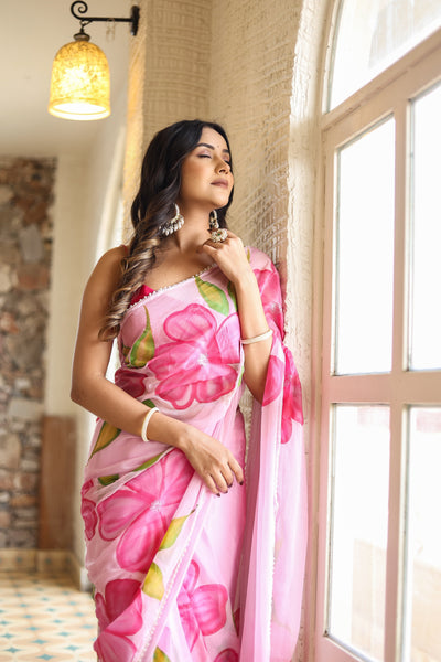 Blush Pink Georgette Saree with Oversized Hand-Painted Magenta Flowers & Bead Detailing – Attached Blouse – 5.5 Meters