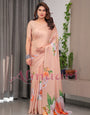 Peach Satin Georgette Floral Printed Saree with Attached Blouse – Soft Pastel Designer Saree for Festive & Elegant Wear