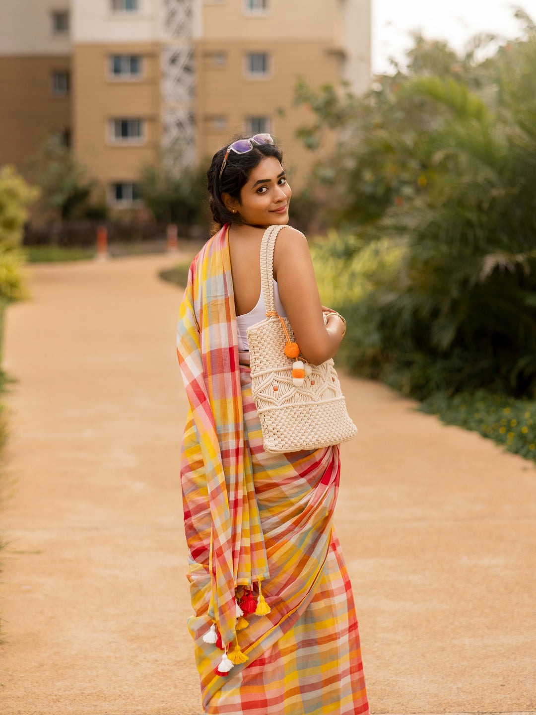 Multicolour Checkered Mul Cotton Saree with Colourful Tasselled Pallu