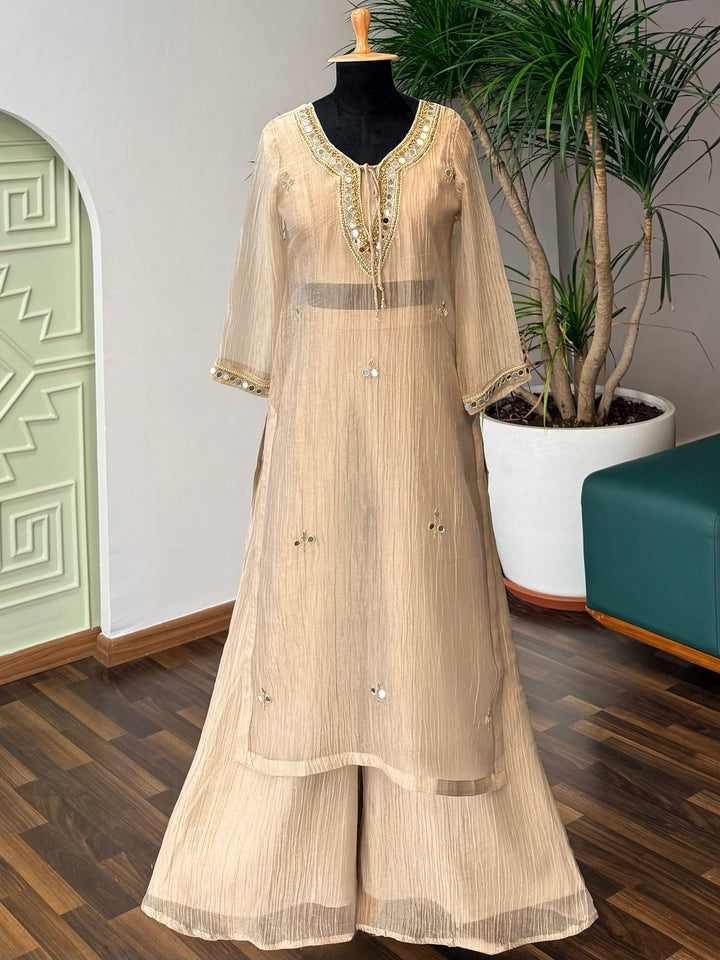 Salsa Beige Crushed Fabric Sharara Set with Handwork Necklace Neckline & Mirror Embellishments