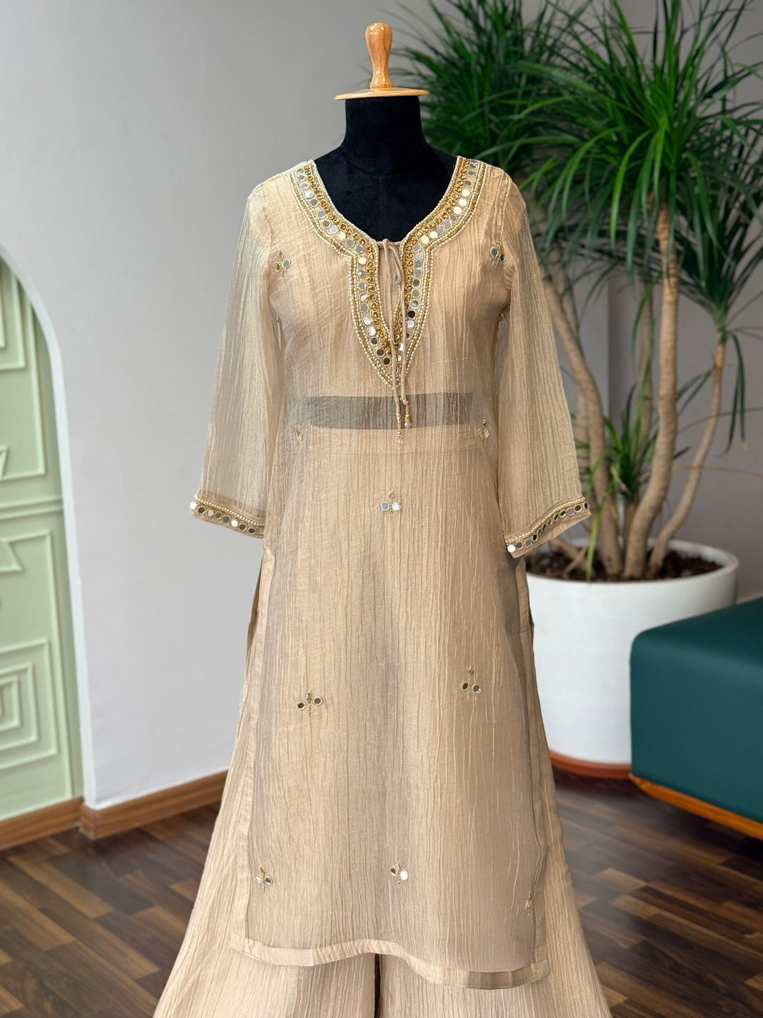 Salsa Beige Crushed Fabric Sharara Set with Handwork Necklace Neckline & Mirror Embellishments