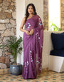 Plum Purple Georgette Saree with Hand-Painted Blue & White Bell Flowers – Attached Blouse – 5.5 Meters