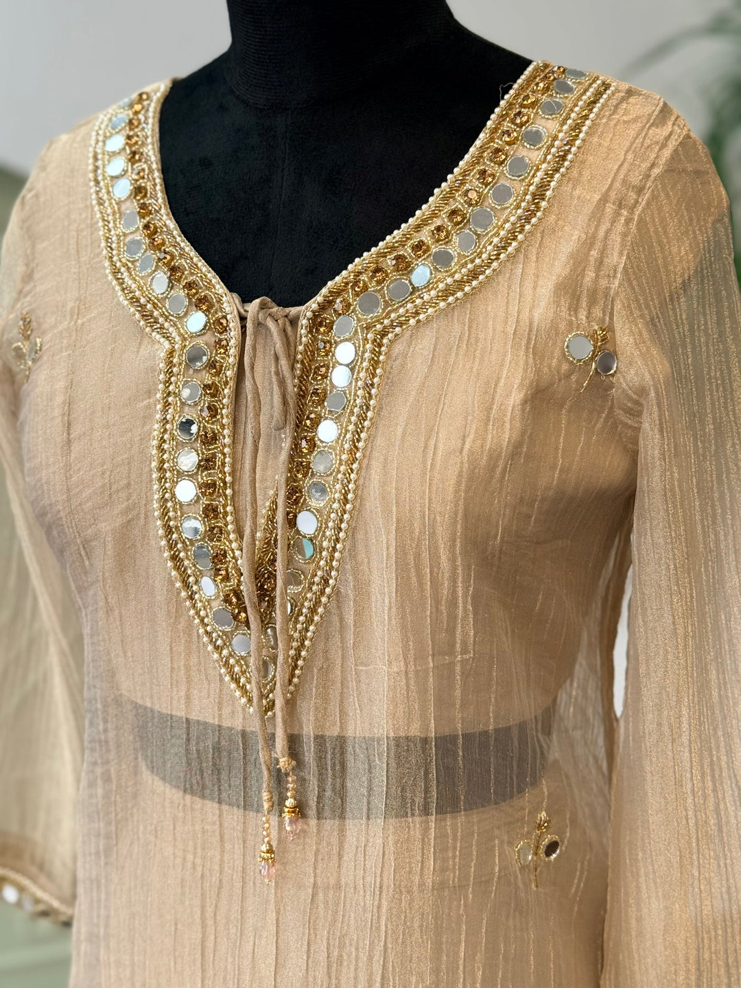 Salsa Beige Crushed Fabric Sharara Set with Handwork Necklace Neckline & Mirror Embellishments
