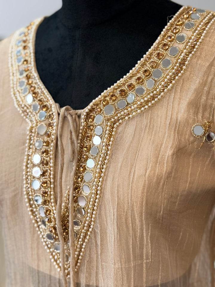 Salsa Beige Crushed Fabric Sharara Set with Handwork Necklace Neckline & Mirror Embellishments