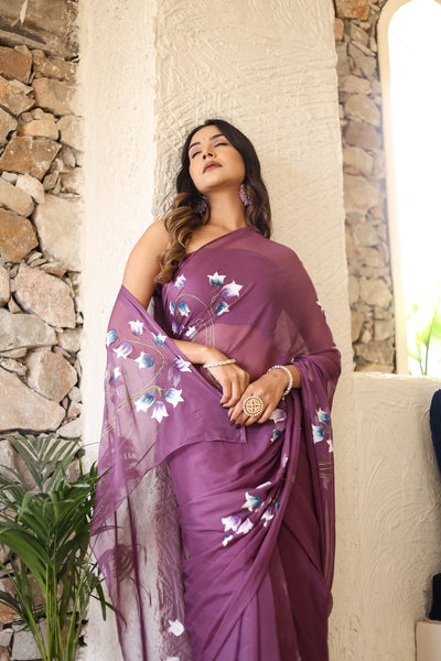 Plum Purple Georgette Saree with Hand-Painted Blue & White Bell Flowers – Attached Blouse – 5.5 Meters