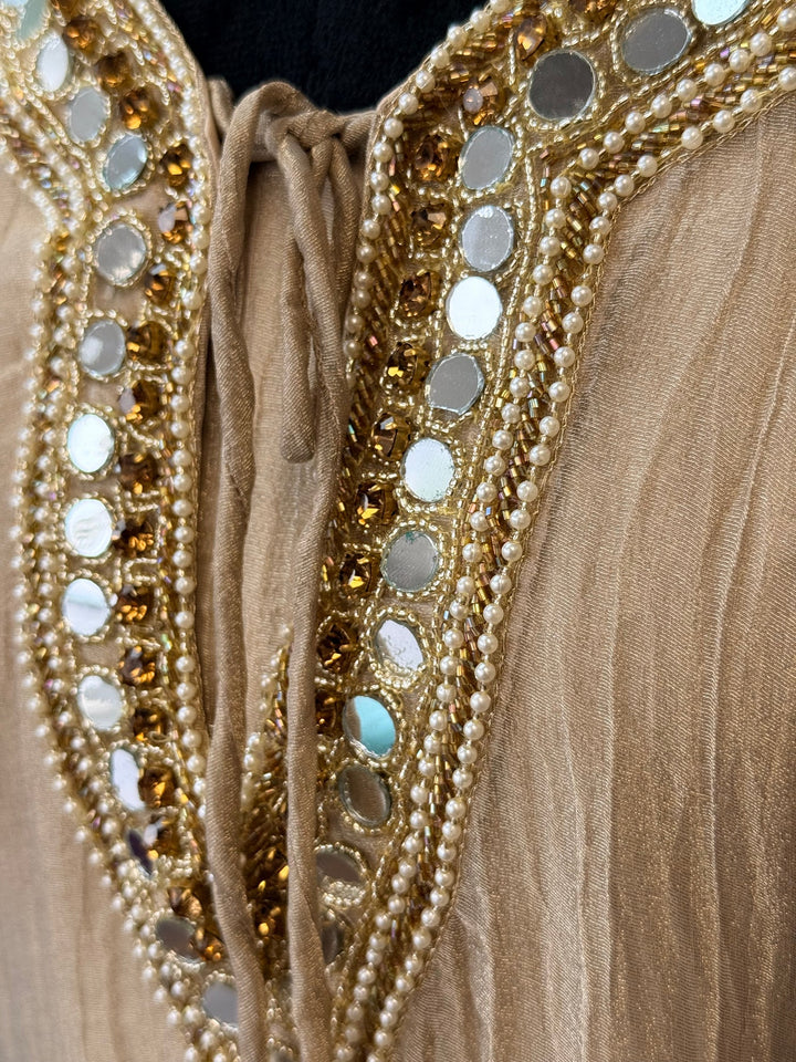 Salsa Beige Crushed Fabric Sharara Set with Handwork Necklace Neckline & Mirror Embellishments