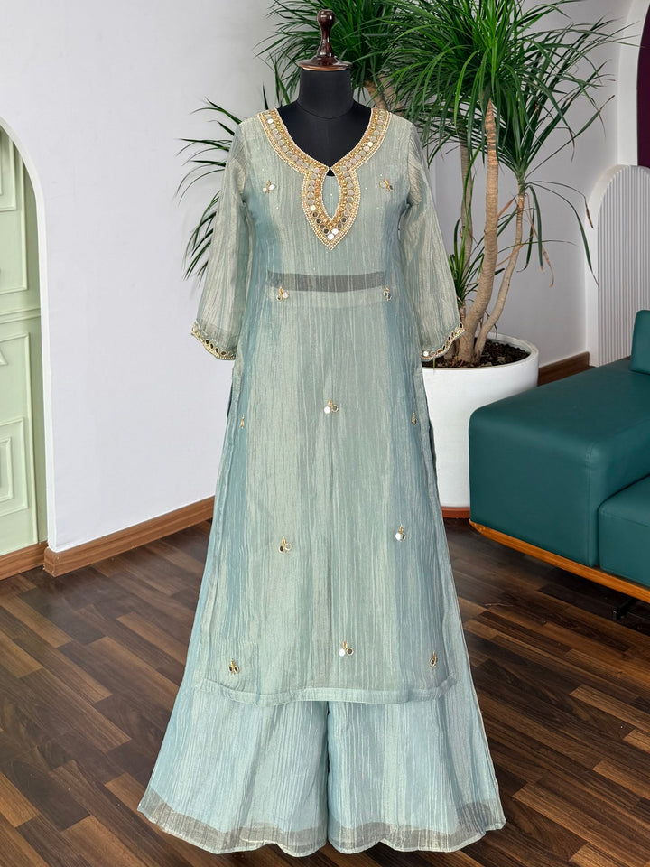 Sage Green Crushed Salsa Sharara Set with Handworked Mirror, Pearl & Beaded Necklace Neckline
