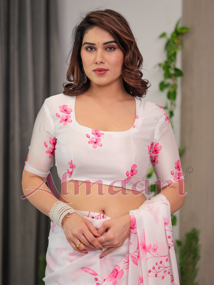 White Satin Georgette Pink Floral Printed Saree with Attached Blouse – Soft Flow Designer Saree for Elegant & Festive Wear
