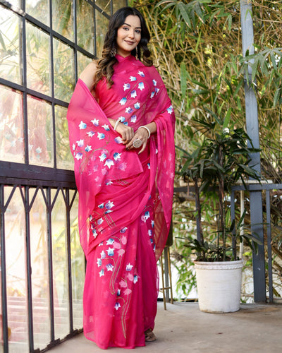 Rani Pink Georgette Saree with Hand-Painted Blue & White Bell Flowers – Attached Blouse – 5.5 Meters