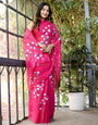 Rani Pink Georgette Saree with Hand-Painted Blue & White Bell Flowers – Attached Blouse – 5.5 Meters