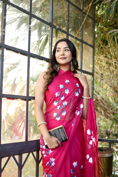 Rani Pink Georgette Saree with Hand-Painted Blue & White Bell Flowers – Attached Blouse – 5.5 Meters