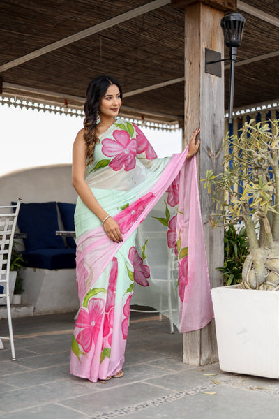 Mint Green Georgette Saree with Hand-Painted Pink Oversized Floral Motifs – Attached Blouse – 5.5 Meters