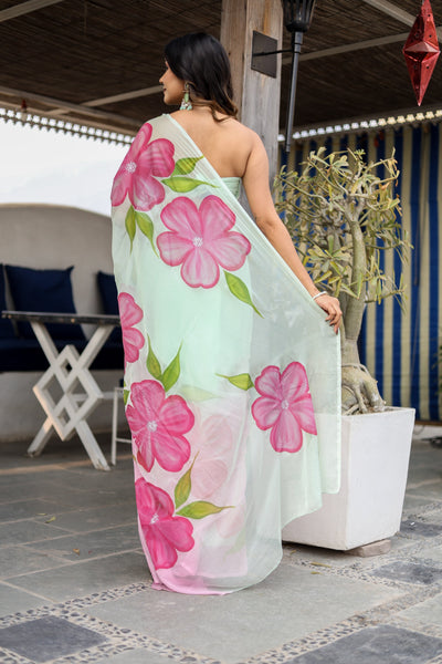 Mint Green Georgette Saree with Hand-Painted Pink Oversized Floral Motifs – Attached Blouse – 5.5 Meters
