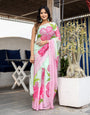 Mint Green Georgette Saree with Hand-Painted Pink Oversized Floral Motifs – Attached Blouse – 5.5 Meters